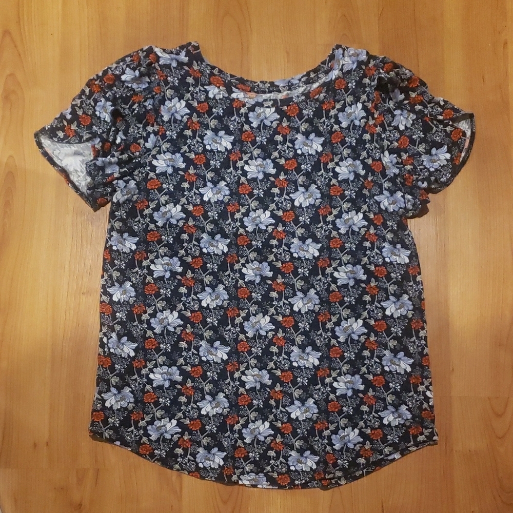 LOFT Floral Blouse with Rounded Neckline and Flowy Sleeves